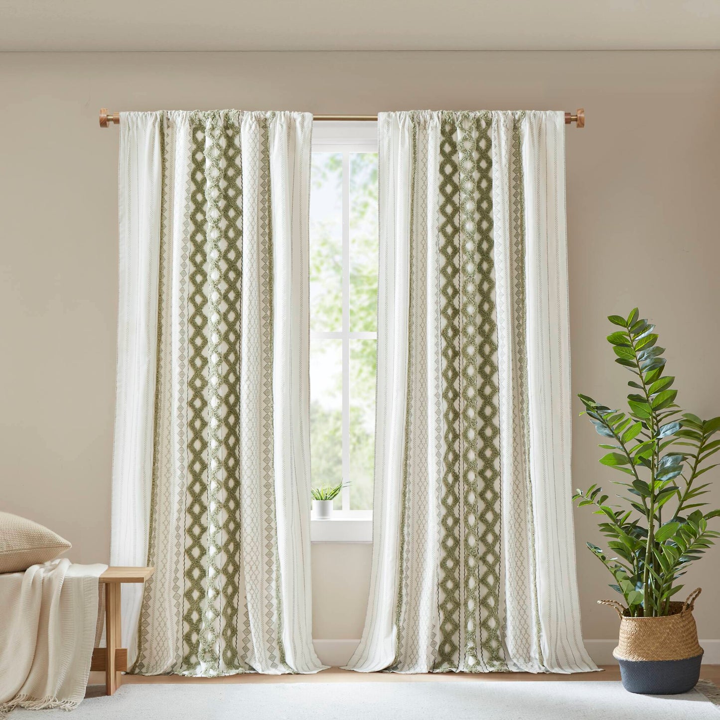 INK+IVY Cotton Printed Curtain Panel with Chenille Stripe and Lining