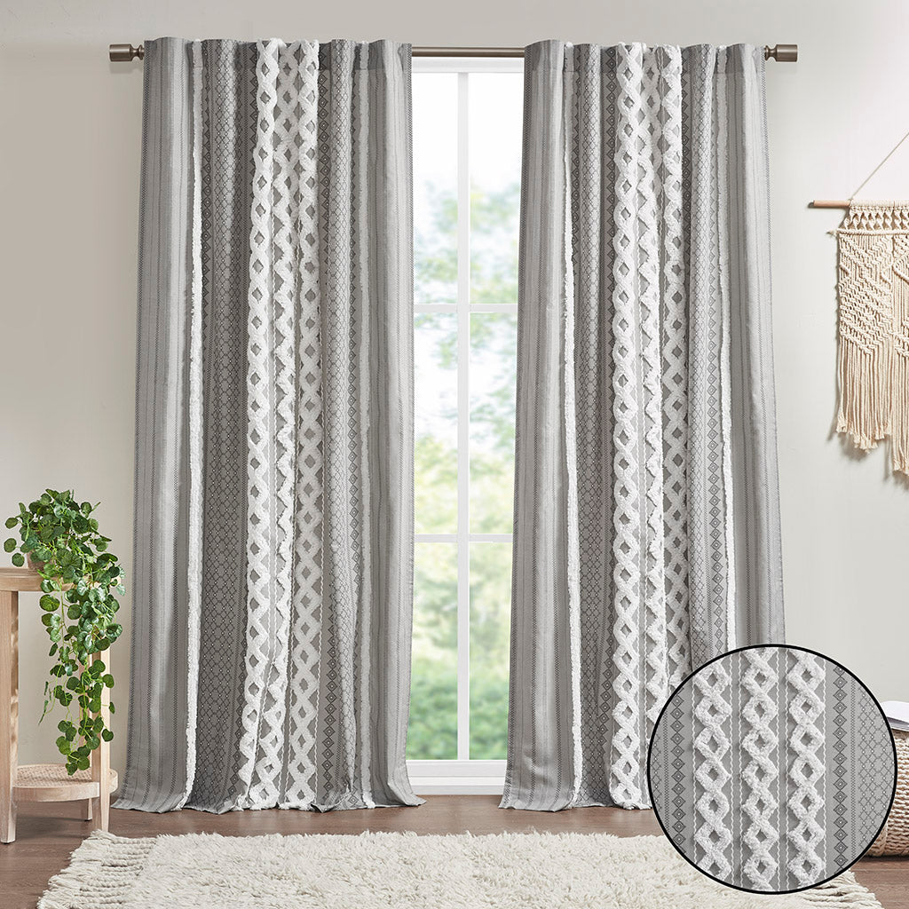 INK+IVY Cotton Printed Curtain Panel with Chenille Stripe and Lining