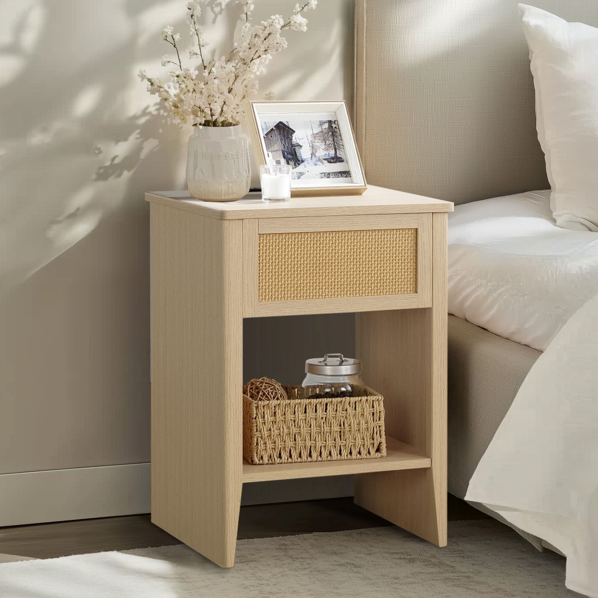 N/A Rattan Accent Side Table with Drawer Storage & Lower Open Shelf