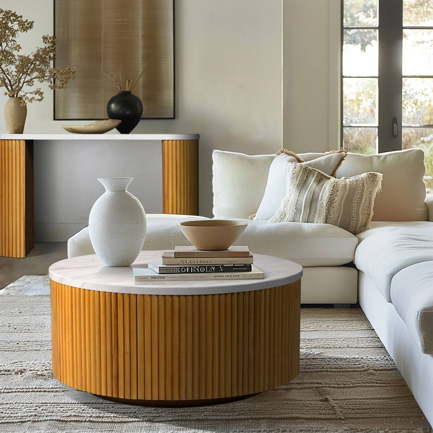 INK+IVY Faux White Marble Round Coffee Table with Storage
