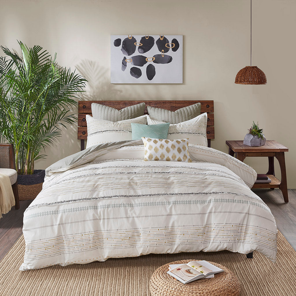 INK+IVY Cotton Printed Duvet Cover Set with Trims