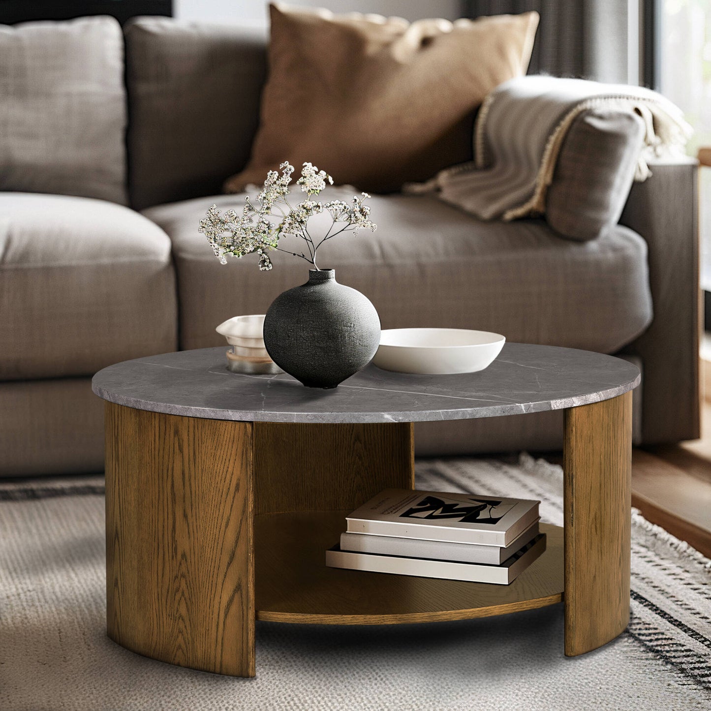 INK+IVY Round Mixed Material Coffee Table with Shelf