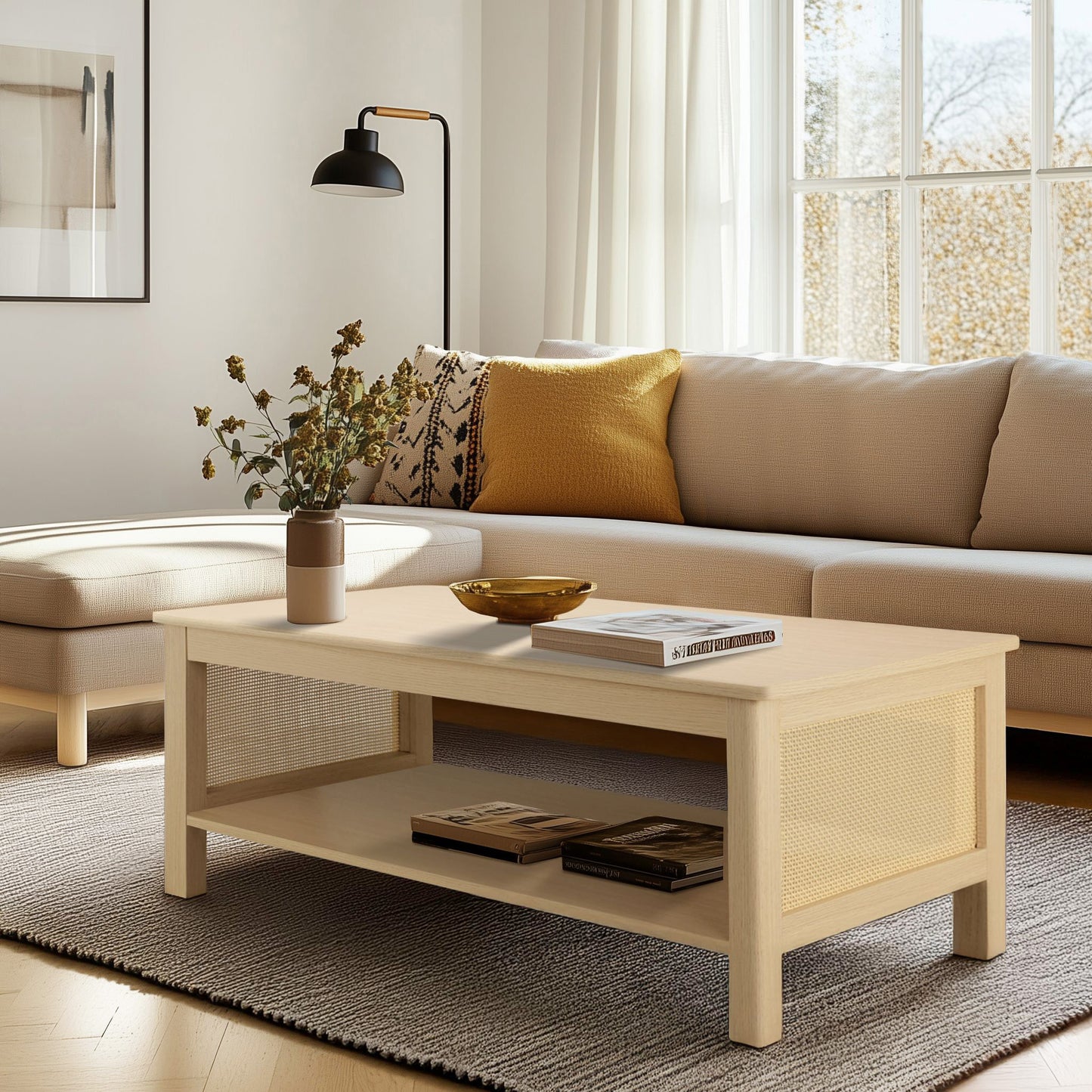 N/A 2-Tier Coffee Table with Rattan Sides & Spacious Open Shelf Storage