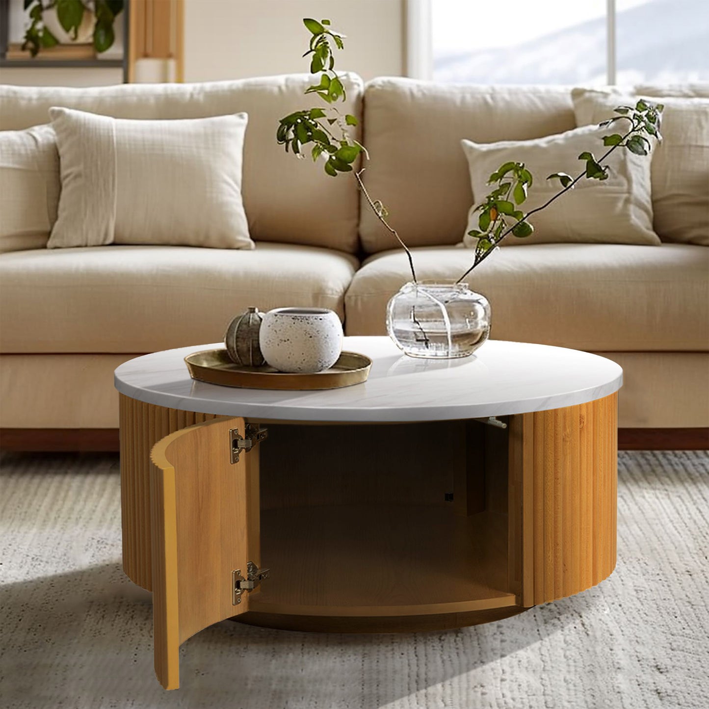 INK+IVY Faux White Marble Round Coffee Table with Storage
