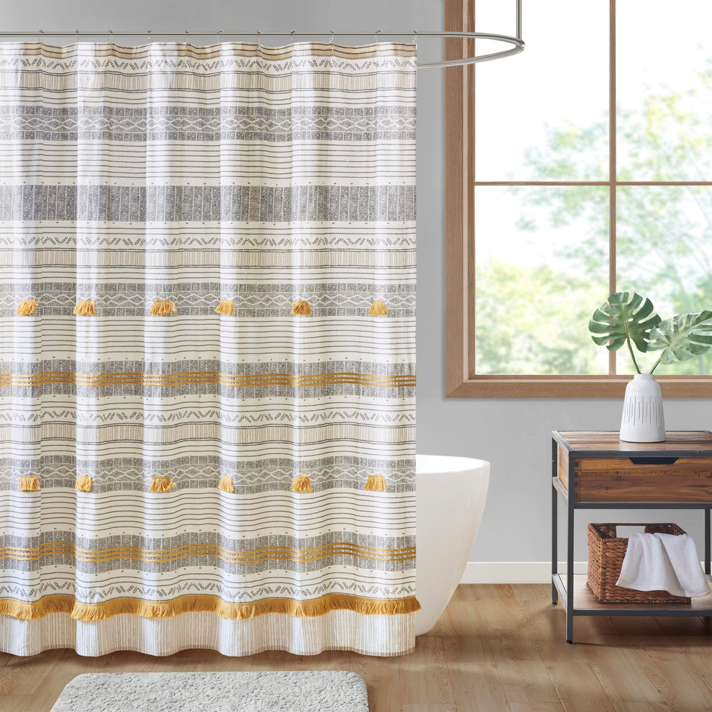 INK+IVY Cotton Stripe Printed Shower Curtain with Tassel