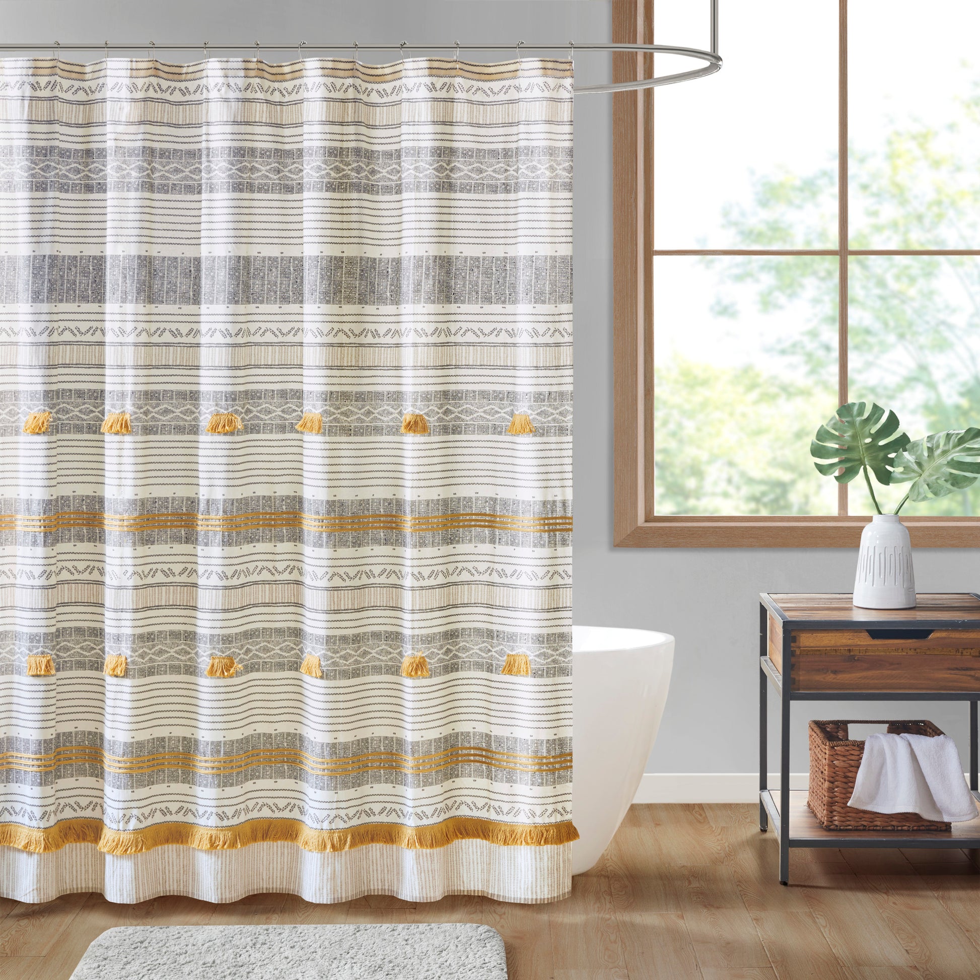 INK+IVY Cotton Stripe Printed Shower Curtain with Tassel