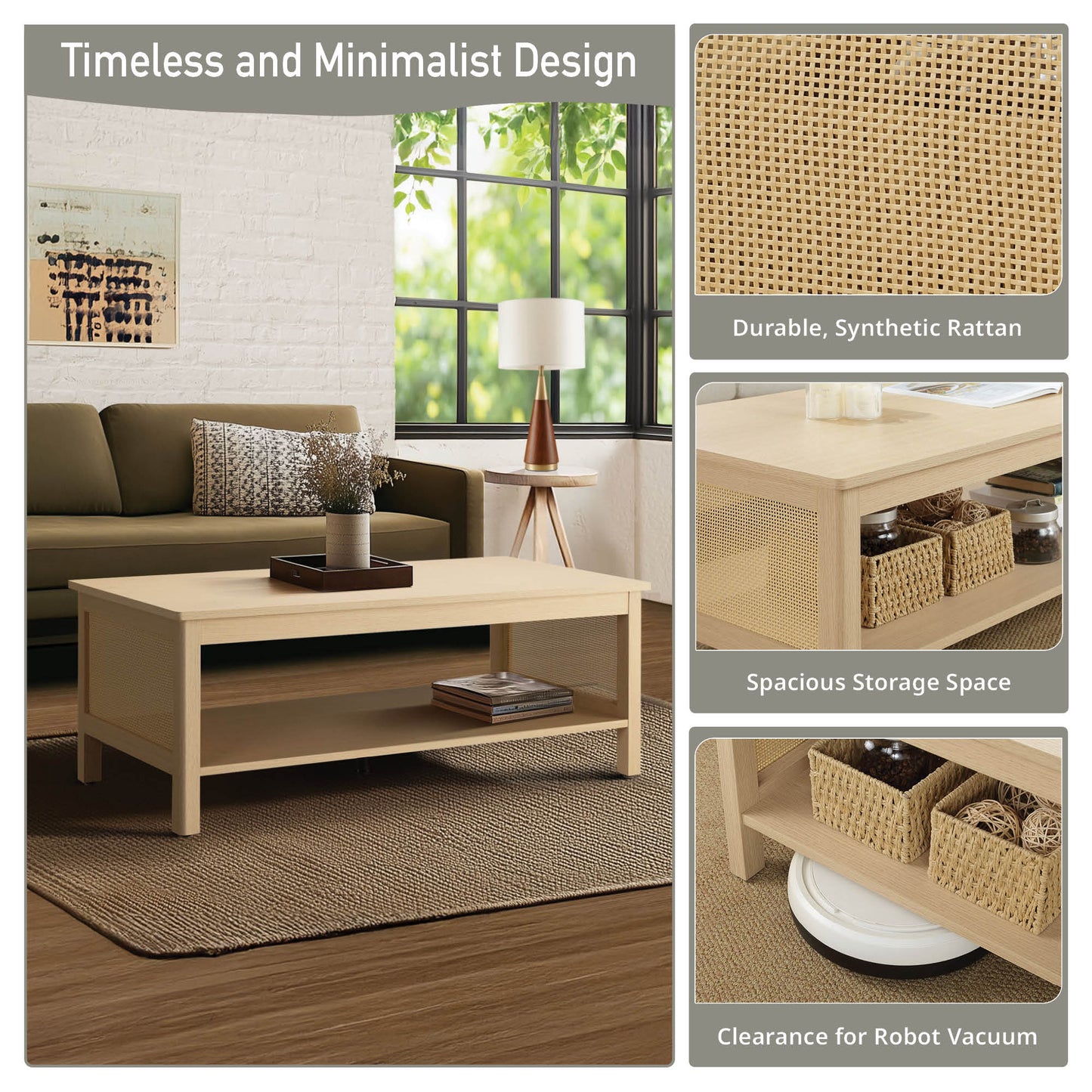 N/A 2-Tier Coffee Table with Rattan Sides & Spacious Open Shelf Storage
