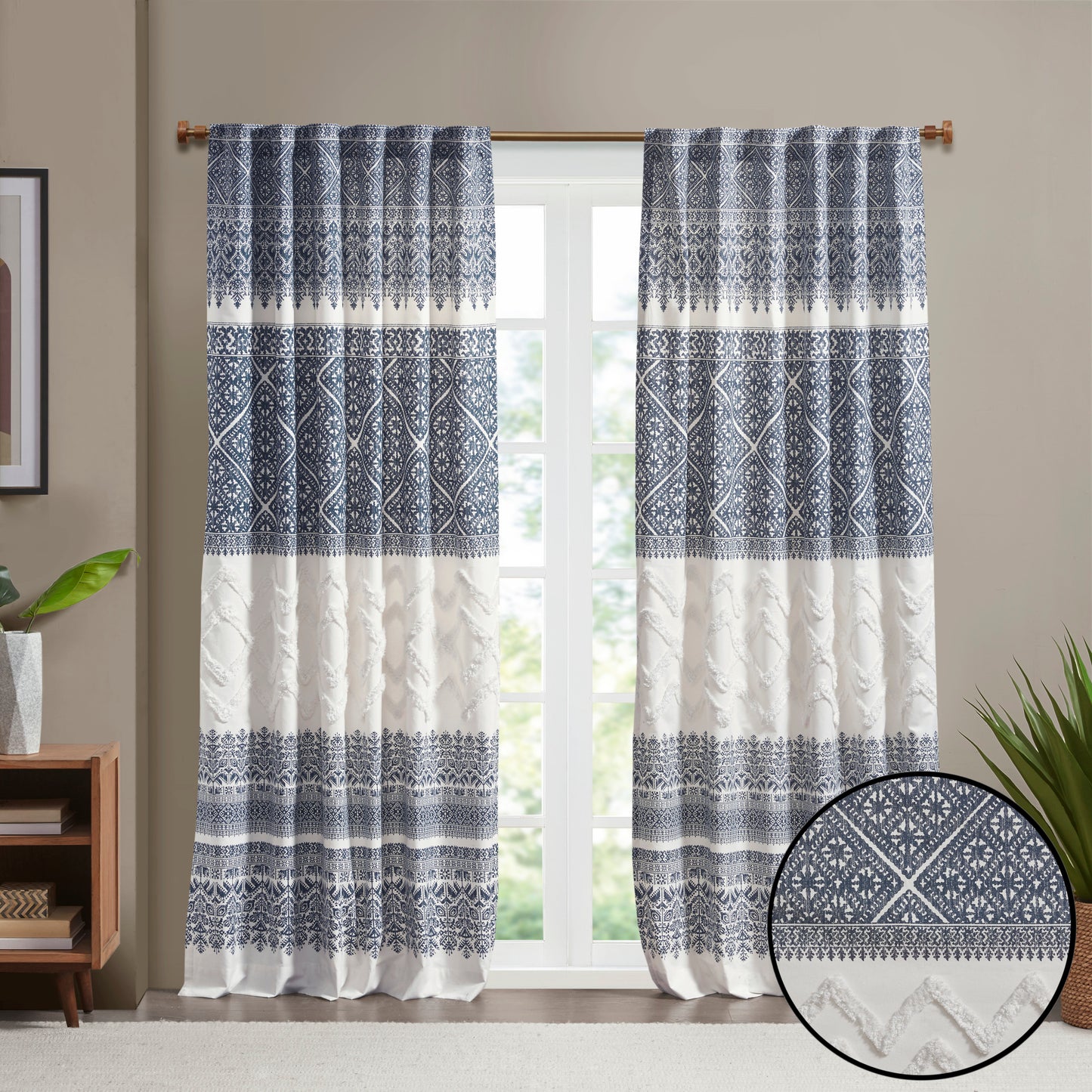 INK+IVY Cotton Printed Curtain Panel with Chenille detail and Lining