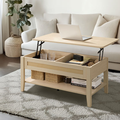 N/A Rattan Lift-Top Coffee Table with Storage & Lower Open Shelf