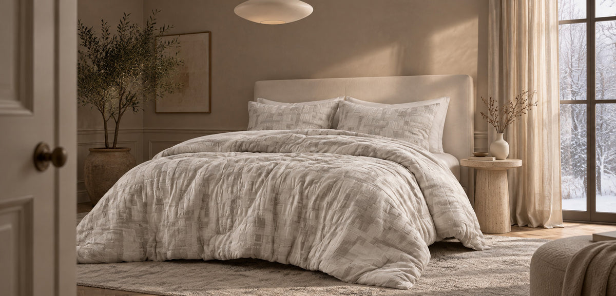 Cairo 3-Piece Cotton Jacquard Duvet Set. Neutral textured duvet set in cream and warm gray with an abstract woven patchwork pattern, shown on an upholstered cream bed with matching pillow shams in a calm, earth-toned bedroom. Links to All items.