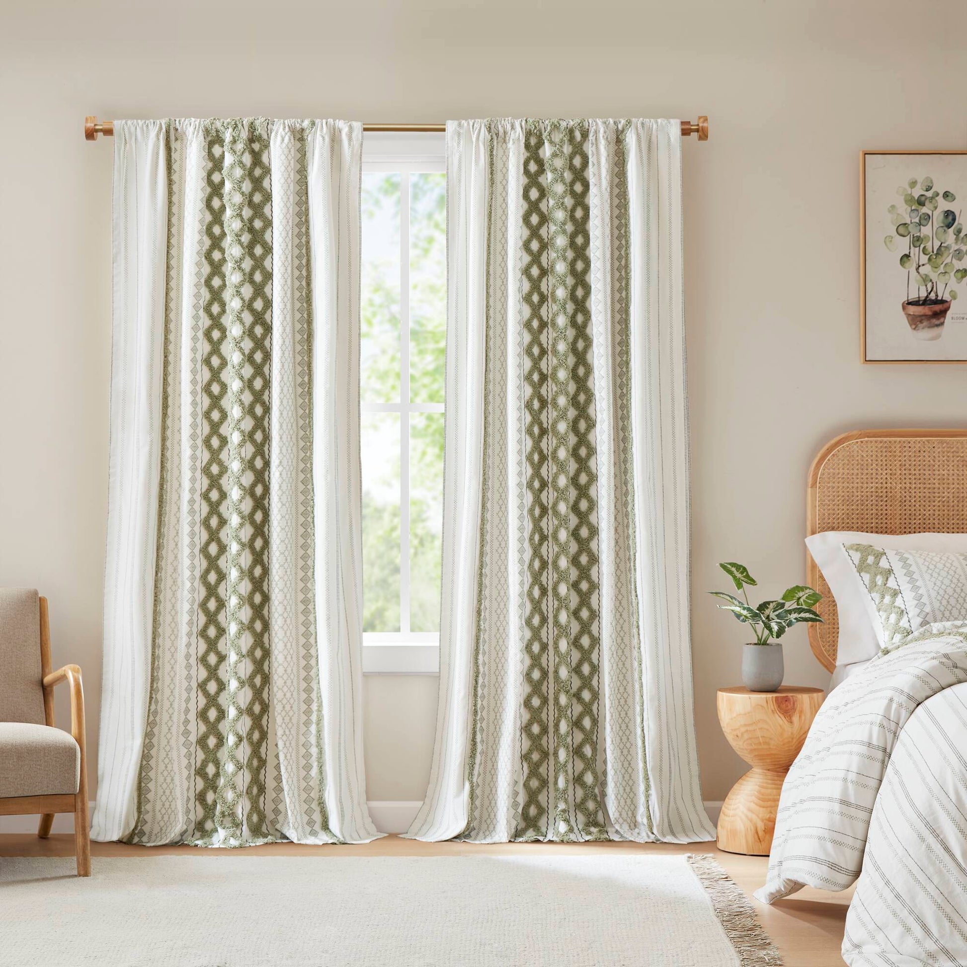 INK+IVY Cotton Printed Curtain Panel with Chenille Stripe and Lining