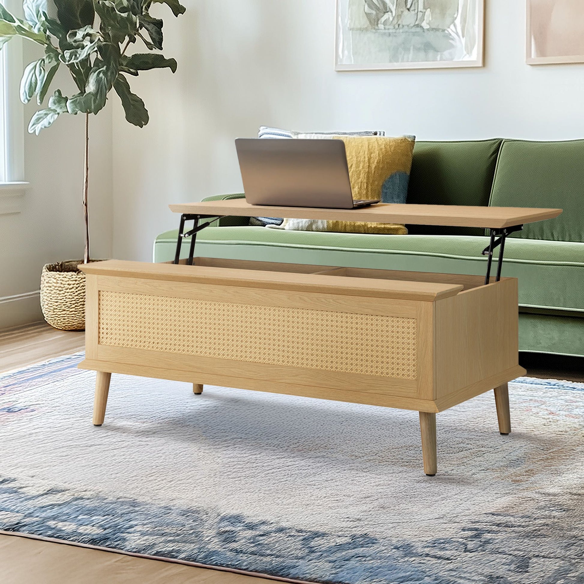 N/A Rattan Lift-Top Coffee Table with Storage