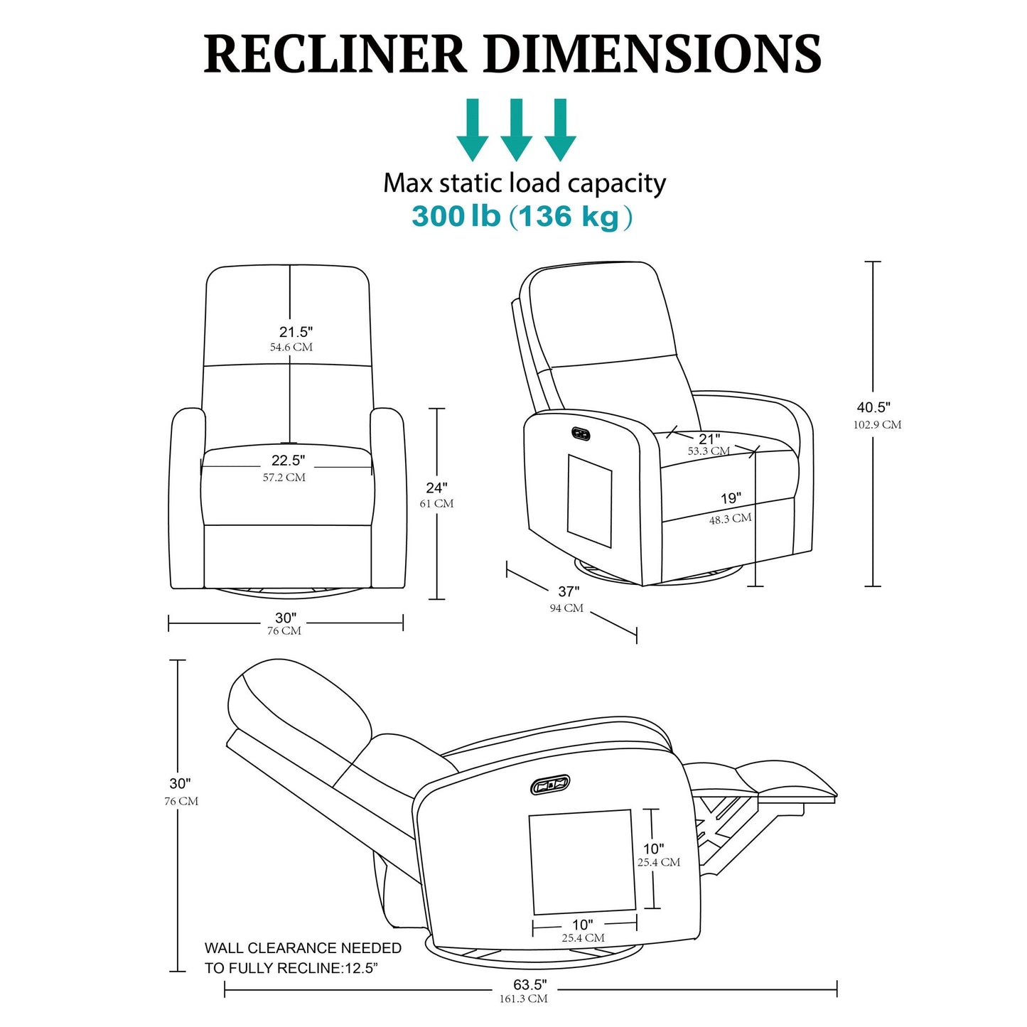 Dakota Power Recliner 3-in-1 with Swivel, Glider, USB Ports
