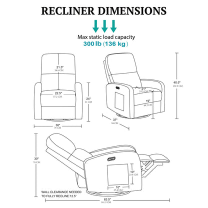 Dakota Power Recliner 3-in-1 with Swivel, Glider, USB Ports
