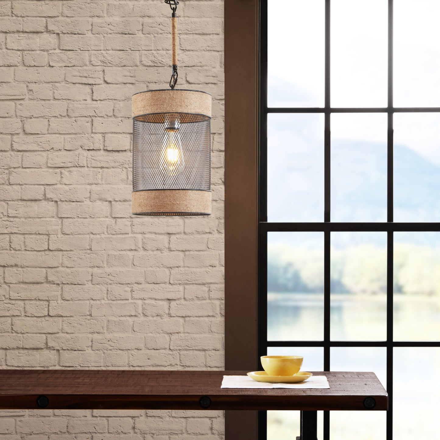 INK+IVY Natural Rope and Metal Mesh Cylinder Pendant