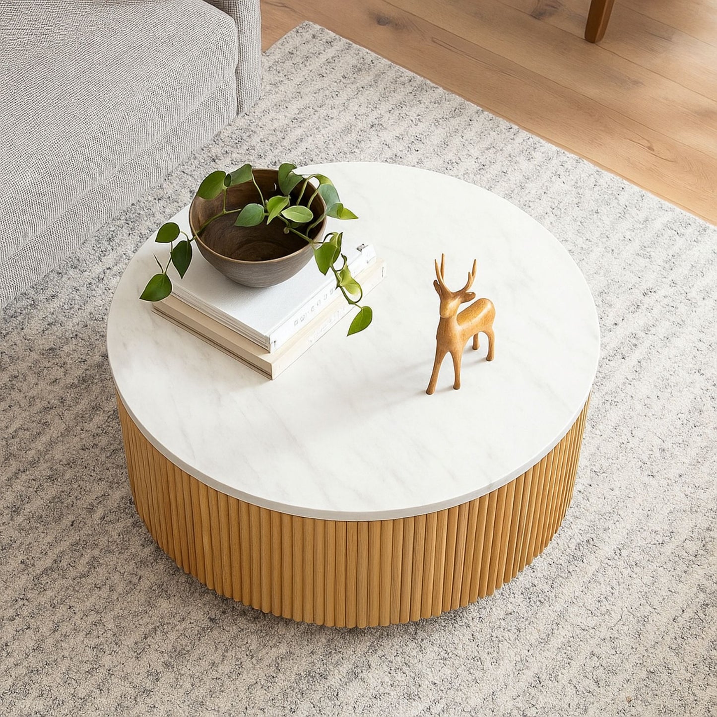Layana Faux White Marble Round Coffee Table with Storage