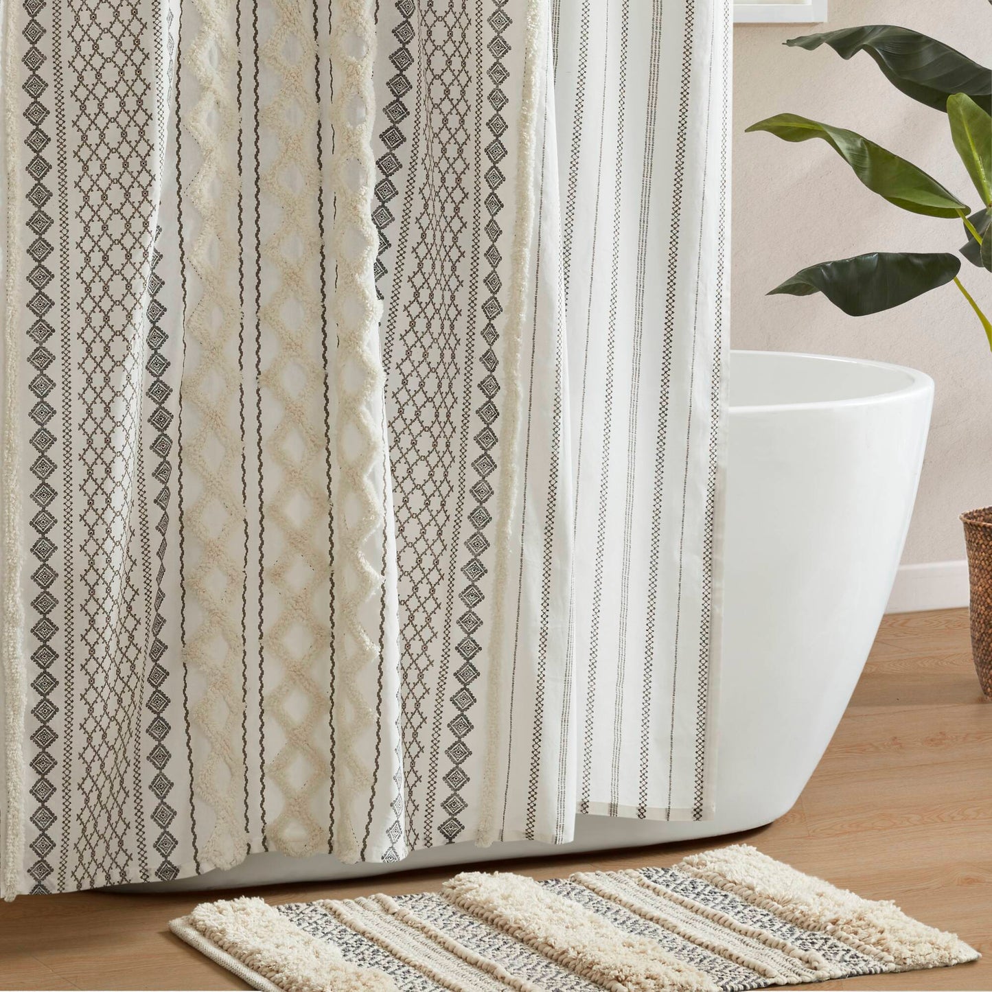 Imani Cotton Printed Shower Curtain with Chenille