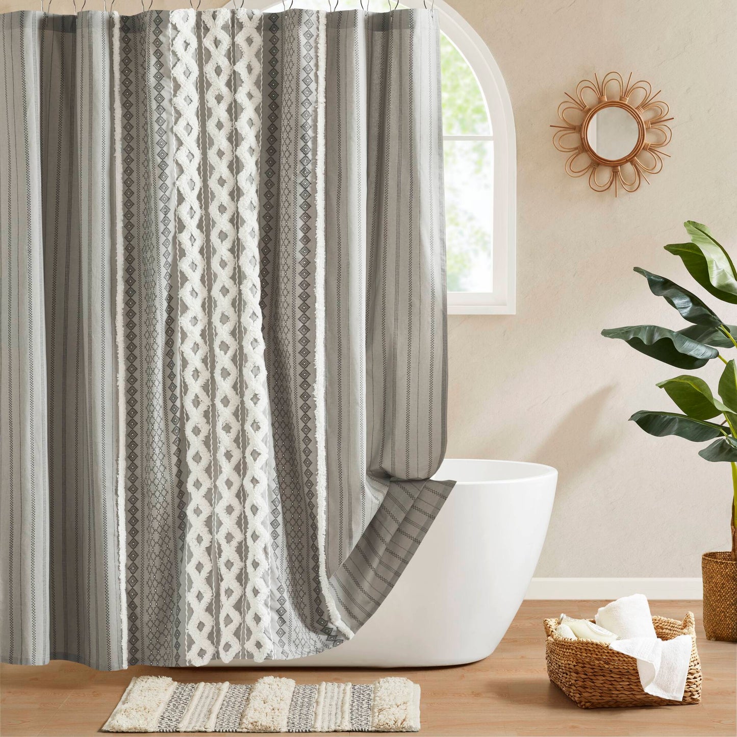 Imani Cotton Printed Shower Curtain with Chenille