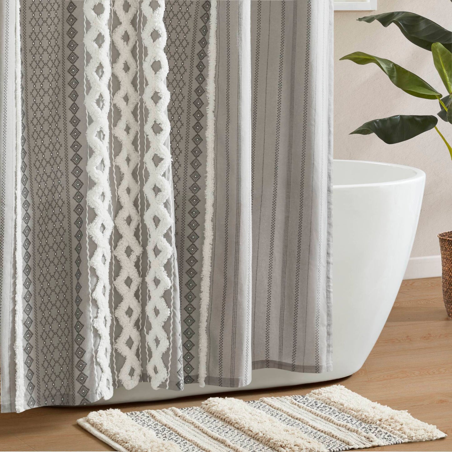 Imani Cotton Printed Shower Curtain with Chenille