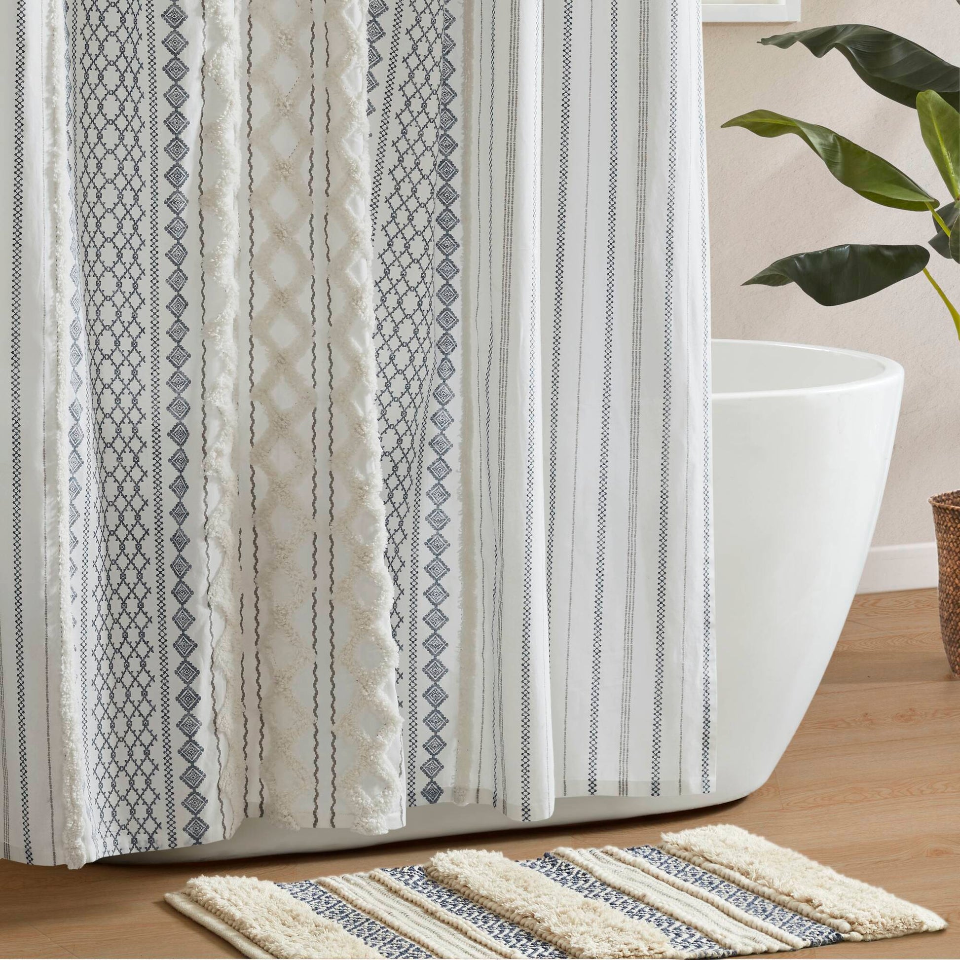 Imani Cotton Printed Shower Curtain with Chenille