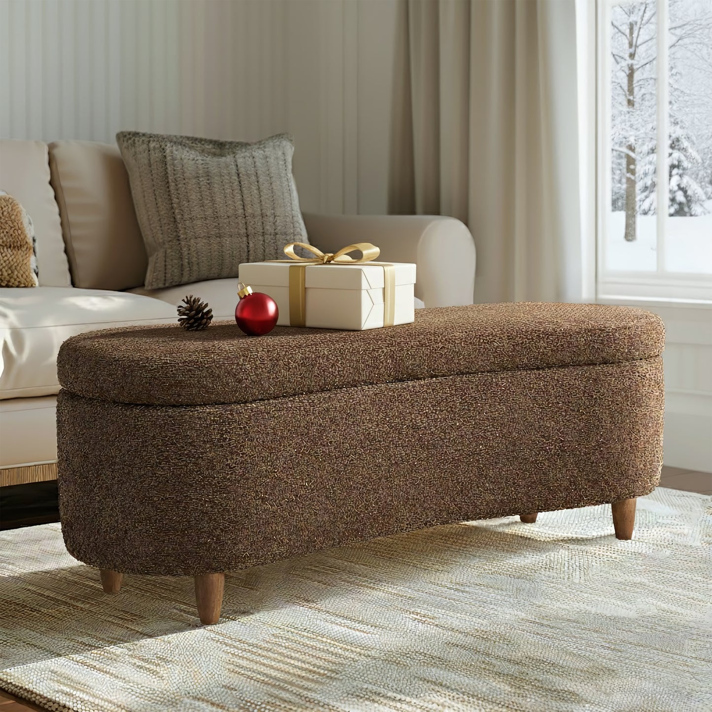 Bailey Boucle-Style Curved Storage Accent Bench