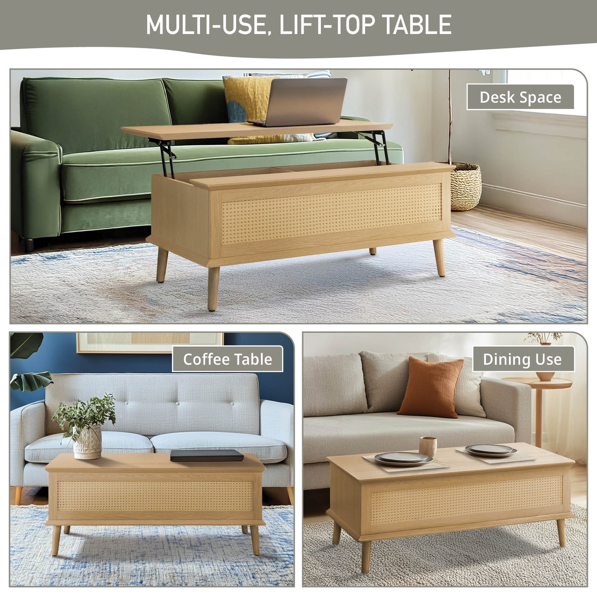 N/A Rattan Lift-Top Coffee Table with Storage