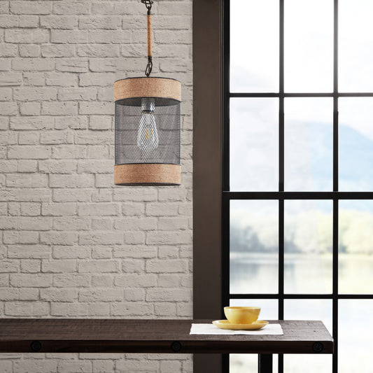 INK+IVY Natural Rope and Metal Mesh Cylinder Pendant